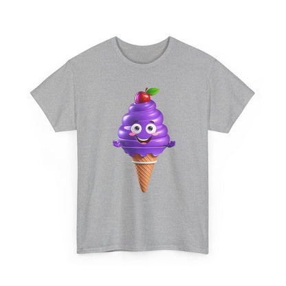 Scoop of Joy: Cartoon Ice Cream Cone Character Tee, a playful purple ice cream cone character with a cherry on top, featured on a light grey unisex cotton graphic T-shirt.