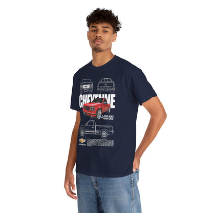 Fashion-forward model wearing the Chevrolet Cheyenne T-shirt showcasing bold pickup truck graphics, epitomising luxury automotive style in a contemporary setting.