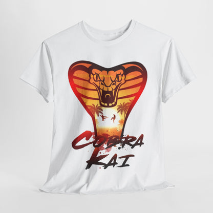 Elegant Cobra Kai graphic t-shirt featuring a striking snake design with vibrant sunset colours, symbolising martial arts mastery and playful spirit, perfect for adventurous spirits.