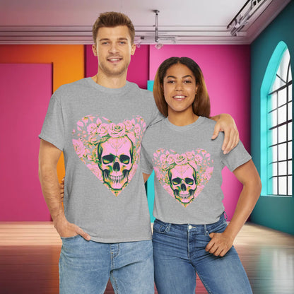 Couple wearing the Skulls and Roses Cotton Tee, highlighting its unisex design and stylish skull and roses pattern.