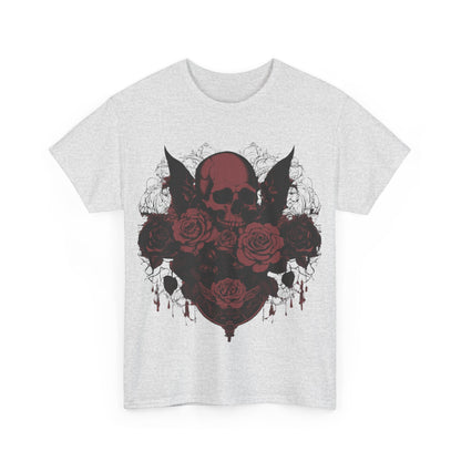 Close-up front look of the Skulls and Roses Cotton Tee, capturing the exquisite details of the gothic floral graphic.