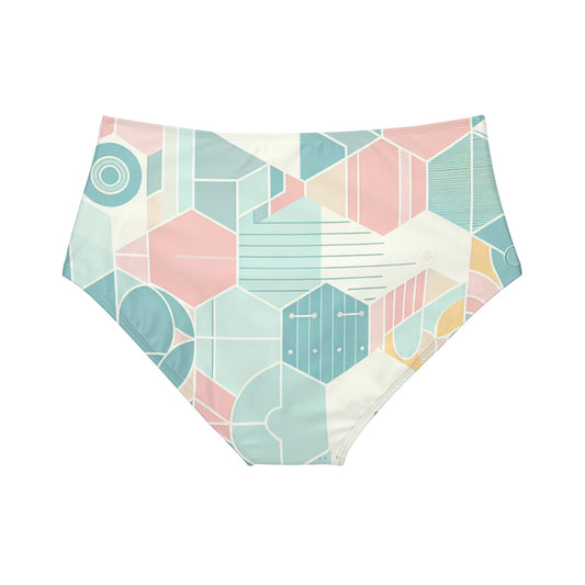 Sweat Symphony: Harmonizing High-Waist Hipster Bikini Bottom in a pastel geometric print, showcasing luxurious fabric and stylish high-waist design.