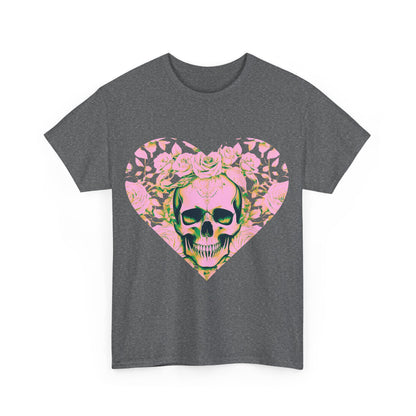 Skulls and Roses Cotton Tee featuring a striking heart design with a skull surrounded by roses, perfect for edgier fashion lovers. Unisex graphic shirt available in various colours.