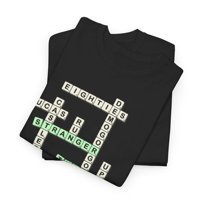 Stranger Things Unisex Mens Womens Graphic Funny T Shirt Tee Urban presented in a neat stack, displaying the unique crossword design that merges the beloved show with understated fashion.