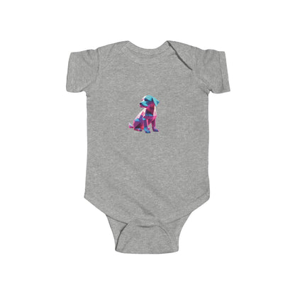 Elegant Puppy Bodysuit in soft grey, showcasing a charming geometric puppy design, ideal for fashionable baby occasions.
