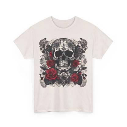 Skulls and Roses Cotton Tee featuring intricate steampunk-inspired skull and rose design, perfect unisex graphic shirt, showcased in soft fabric.
