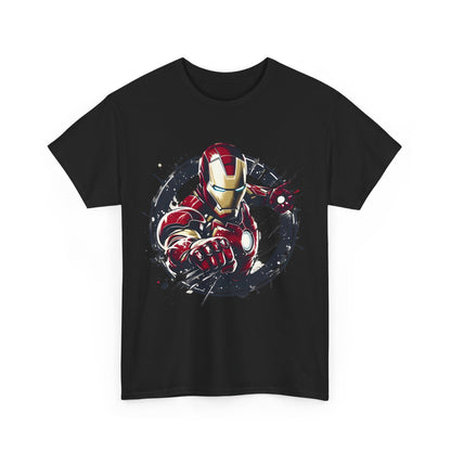 Unleash Your Inner Hero: Iron Man Graphic Unisex Tee Shirt front view, highlighting the iconic Iron Man graphic in a luxurious black finish.