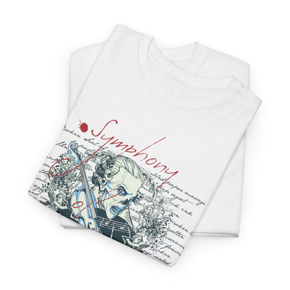 Luxurious folded white T-shirt revealing a detailed design of a skull and violin, complemented by artistic floral arrangements, ideal for gothic and music enthusiasts.