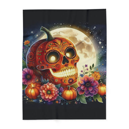 Elegant Decorative and Warm Halloween Spooky Arctic Fleece Blanket showcasing an artistic skull pumpkin illustration with floral accents under a moonlit sky, ideal for sophisticated Halloween celebrations.