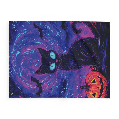 Exquisite Decorative and Warm Halloween Spooky Arctic Fleece Blanket showcasing a playful black cat with vibrant eyes, complemented by a glowing jack-o'-lantern, ideal for adding a touch of elegance to Halloween celebrations.