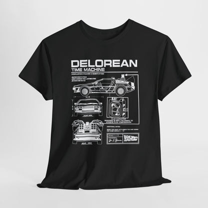 Sophisticated black t-shirt featuring the DeLorean time machine blueprint, elegantly styled, reflecting both modern fashion and timeless cinematic heritage.