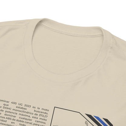 Close-up view of the elegant neckline of a beige men's t-shirt featuring a striking motorcycle graphic and stylish typography.
