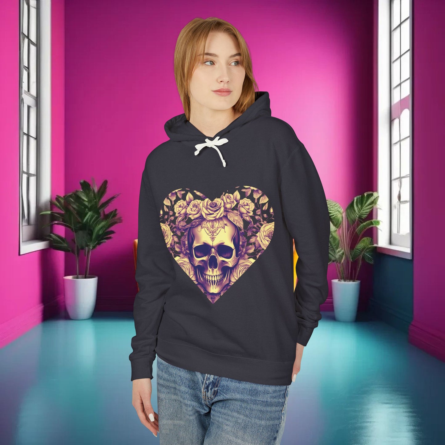 Skull and Roses Lightweight Hoodie, Unisex Edgy Designer Sweatshirt, Hipster