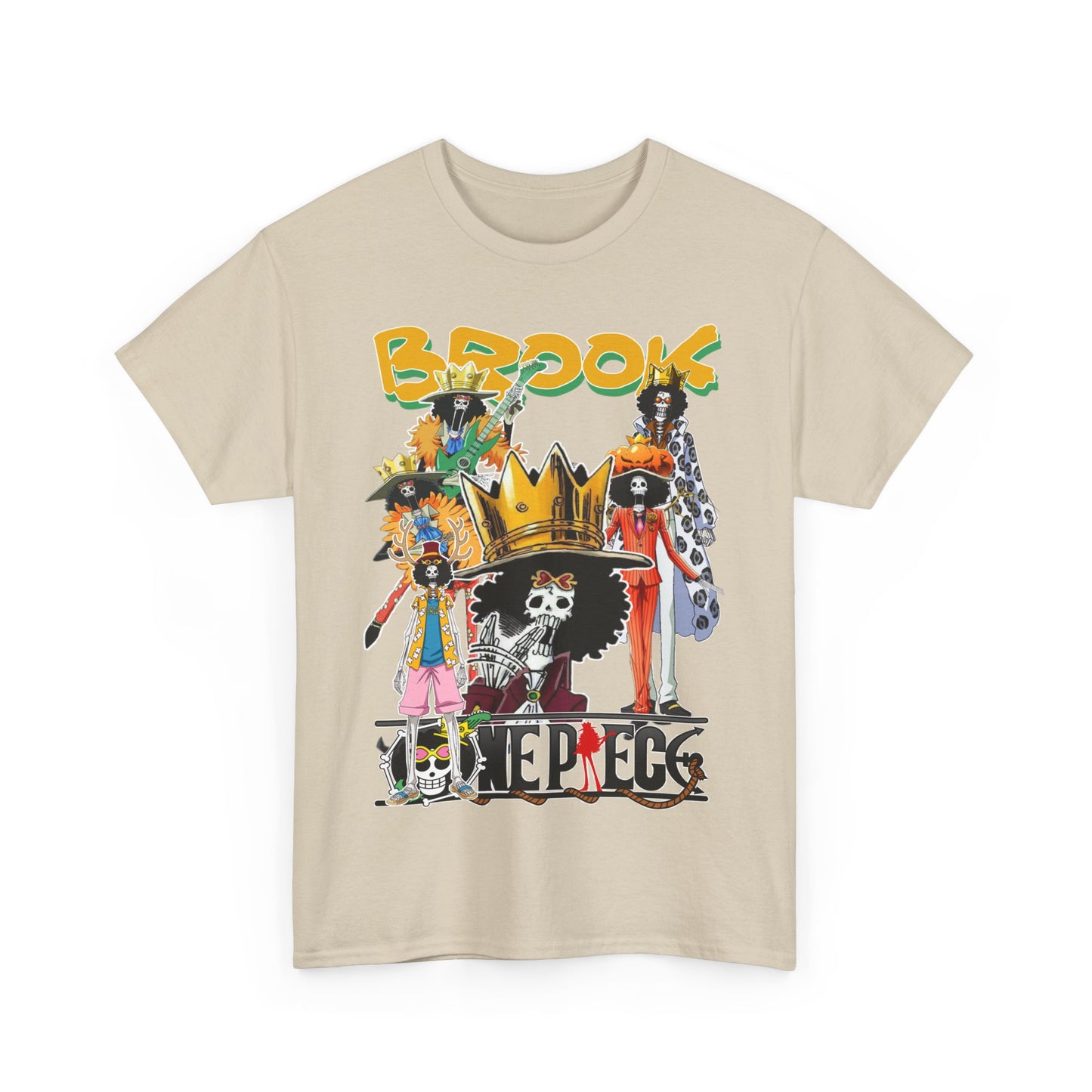 Chic beige t-shirt adorned with a vibrant collage of iconic Brook characters, designed for stylish anime lovers who appreciate fine art.