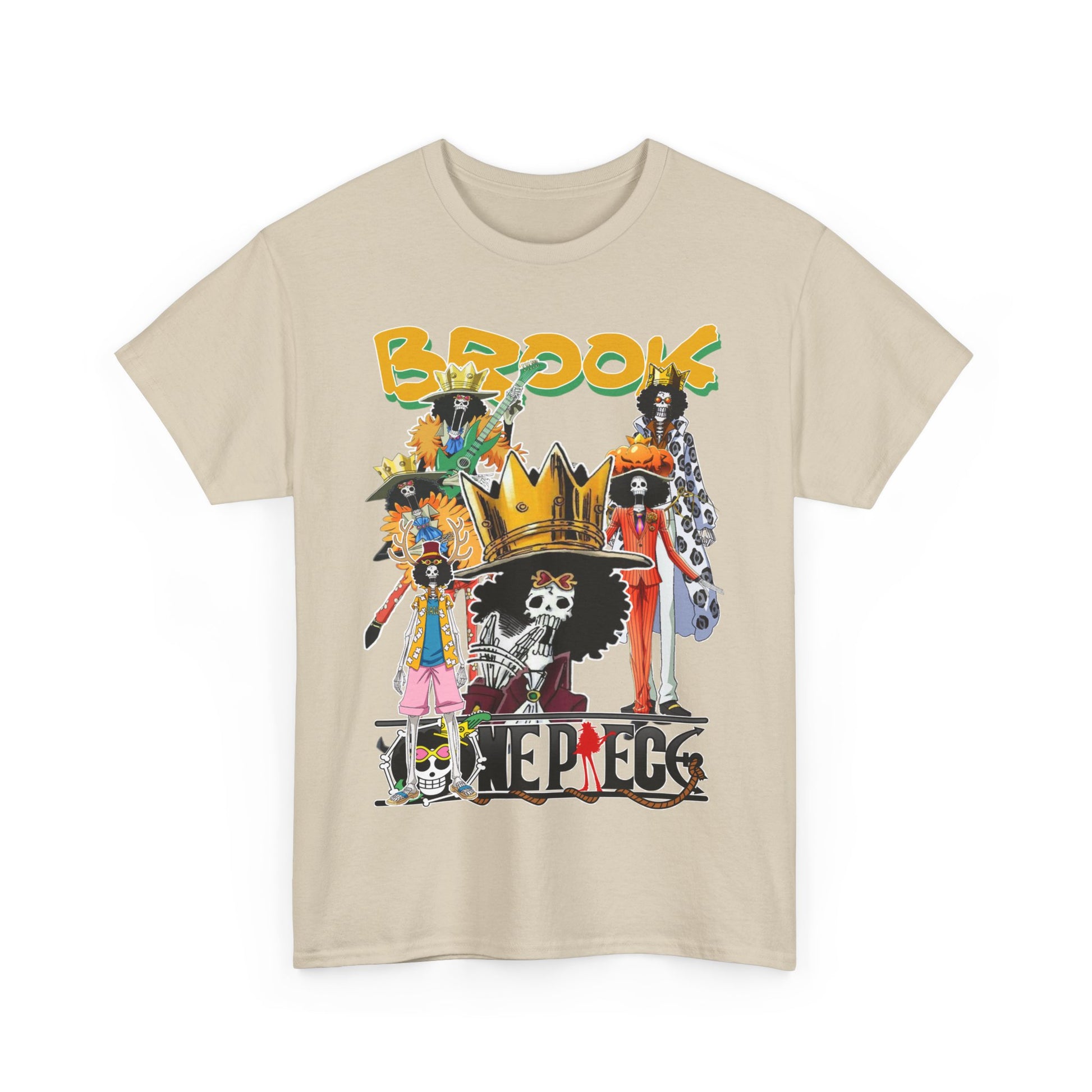 Chic beige t-shirt adorned with a vibrant collage of iconic Brook characters, designed for stylish anime lovers who appreciate fine art.