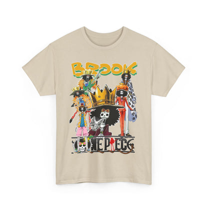Chic beige t-shirt adorned with a vibrant collage of iconic Brook characters, designed for stylish anime lovers who appreciate fine art.