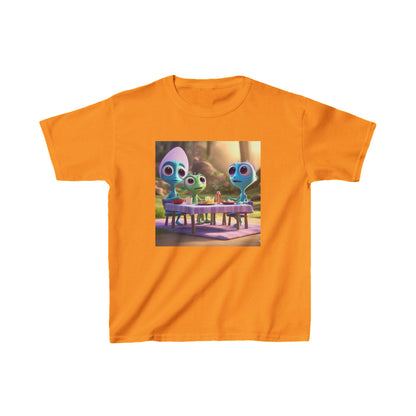 Kids Cute Aliens Heavy Cotton Tee in vibrant orange, showcasing adorable alien friends enjoying their playful adventure, designed for fashionable young adventurers.