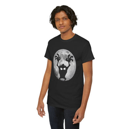 Refined male model in a black t-shirt displaying a vibrant Taz the Tasmanian Devil graphic against a full moon, exemplifying modern style with a playful touch.