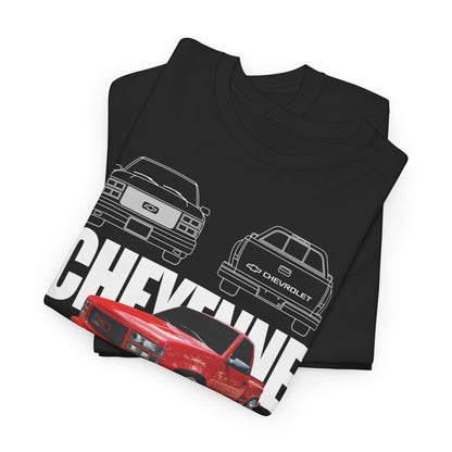 Folded Chevrolet Cheyenne T-Shirt in luxurious black fabric, displaying striking graphic designs of Chevrolet pickup trucks, including the red 400SS model.