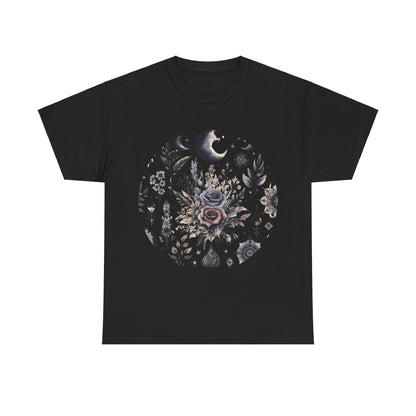Pure Symphony Floral Graphic Tee - A sophisticated black t-shirt adorned with intricate floral graphics, ideal for elegant spring and summer fashion.