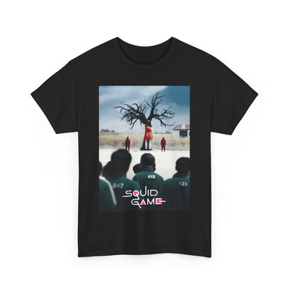 Squid Game Unisex Men´s Women´s Graphic Cotton Funny T Shirt presenting a captivating visual from the acclaimed series, depicting a tense moment with a haunting tree and players in striking uniforms.
