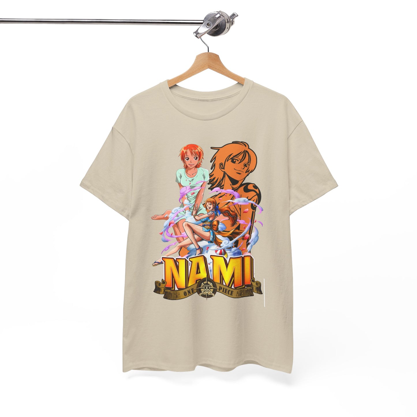 Luxury men's t-shirt featuring captivating Nami anime art from One Piece, elegantly displayed on a hanger in soft beige fabric.