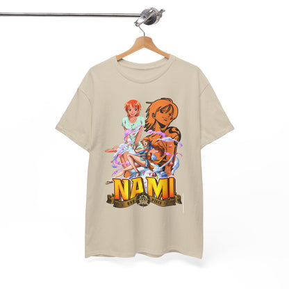Luxury men's t-shirt featuring captivating Nami anime art from One Piece, elegantly displayed on a hanger in soft beige fabric.