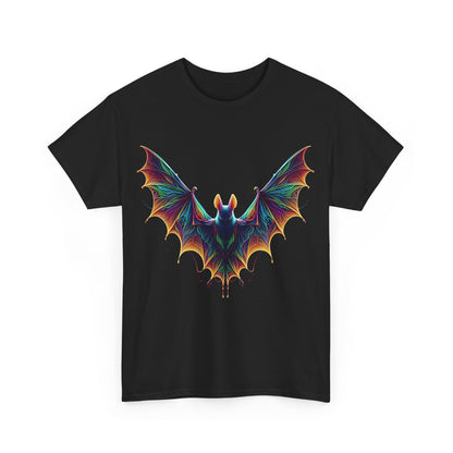 Radiant Evolution Bat Tee - Unisex cotton tee featuring a vibrant rainbow bat design on an exquisite black background, ideal for making a bold fashion statement.