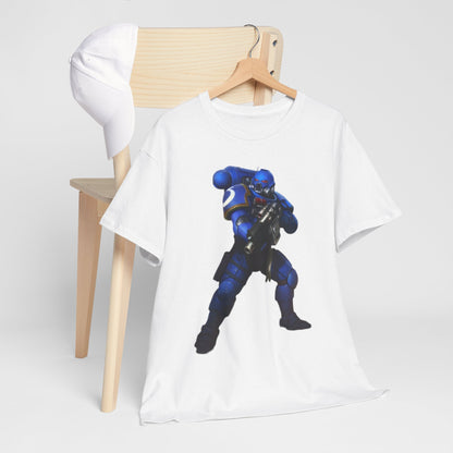 Elegant graphic t-shirt featuring a blue-armoured Space Marine, artfully styled with a white cap against a minimalist chair backdrop, ideal for casual sophistication.