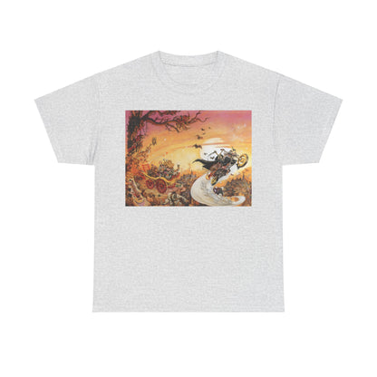 Discworld Soul Music Graphic Unisex T-Shirt in light grey with an artistic representation of iconic characters in Terry Pratchett's universe, perfect for literary aficionados.