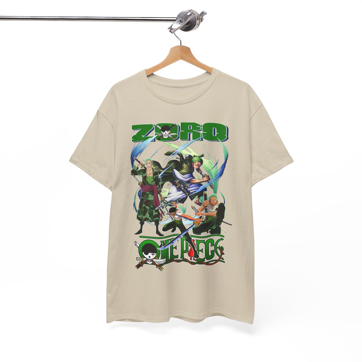 Fashionable One Piece tee displayed on a hanger, featuring striking character graphics that embody luxury urban style.