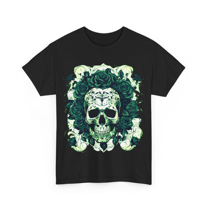 Skulls and Roses Cotton Tee - Unisex graphic shirt featuring a stunning skull design surrounded by elegant roses, perfect for bold fashion enthusiasts.
