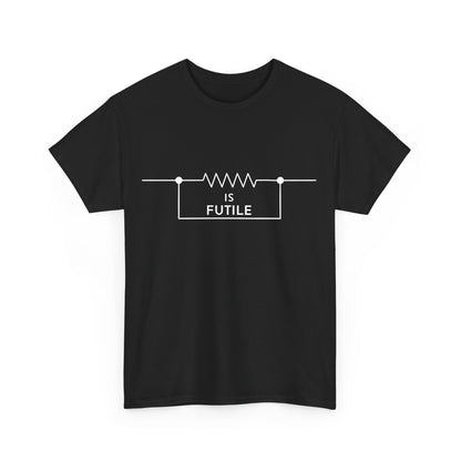 Front view of the Resistance is Futile Borg Star Trek Graphic Unisex Tee Shirt, featuring the iconic resistor design and the bold phrase 'IS FUTILE' on a luxurious black background.
