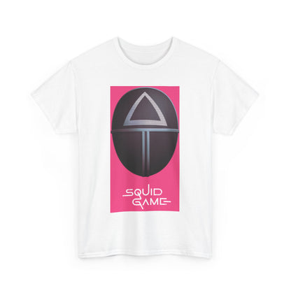 Squid Game Unisex Men´s Women´s Graphic Cotton Funny T Shirt Tee featuring an iconic mask design on a vibrant pink background, perfect for urban fashion enthusiasts.