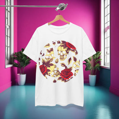 Front view of the Skulls and Roses Cotton Tee showcasing an exquisite graphic design of skulls entwined with roses against a vibrant backdrop.