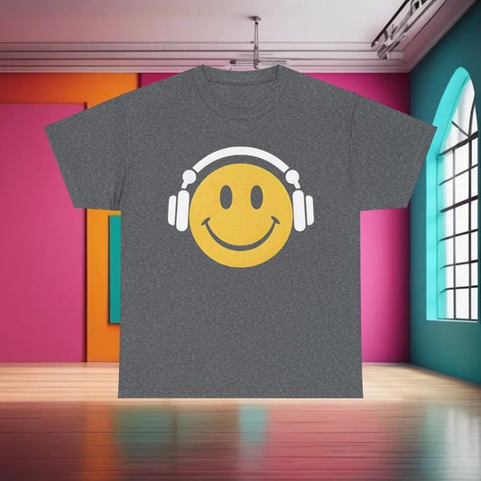 Enchanted Harmony Graphic T-Shirt featuring a vibrant yellow smiley face with white headphones, set against a stylish grey background, perfect for a luxurious casual look.