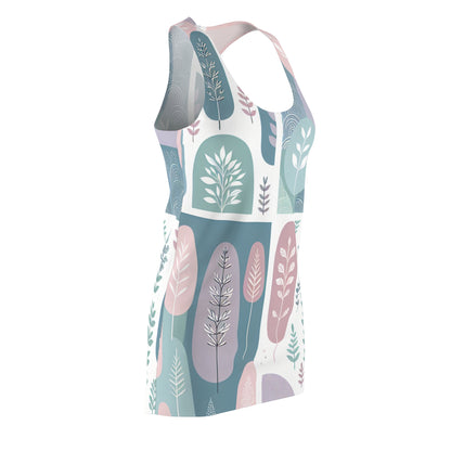 Model wearing the Chic Racerback Dress in Pastel Colours with Tree Silhouettes by Dazzling Dreams Studio, radiating comfort and feminine style in vibrant pastel shades.
