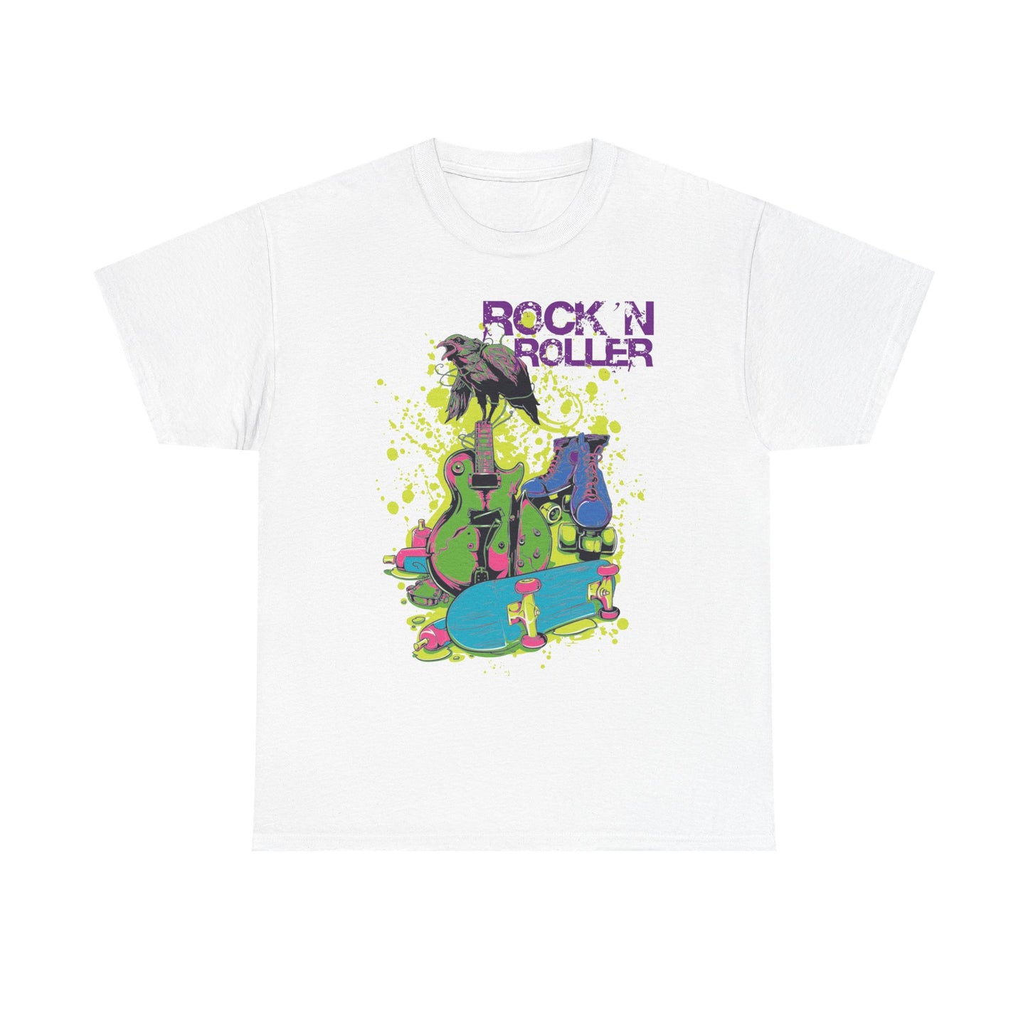 Luxurious white men's t-shirt featuring a vibrant rock 'n roll design with a dynamic crow on an electric guitar, complemented by bright roller skates and a skateboard in vivid colours, embodying a stylish retro vibe.