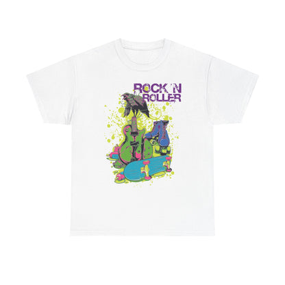 Luxurious white men's t-shirt featuring a vibrant rock 'n roll design with a dynamic crow on an electric guitar, complemented by bright roller skates and a skateboard in vivid colours, embodying a stylish retro vibe.