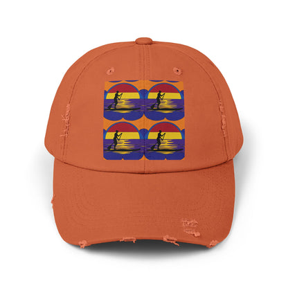 Unisex Distressed Paddleboarders Cap in orange, featuring a charming paddleboarding graphic, perfect for providing sun protection while enjoying outdoor adventures.