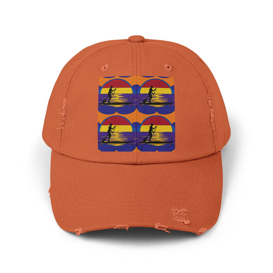 Unisex Distressed Paddleboarders Cap in orange, featuring a charming paddleboarding graphic, perfect for providing sun protection while enjoying outdoor adventures.
