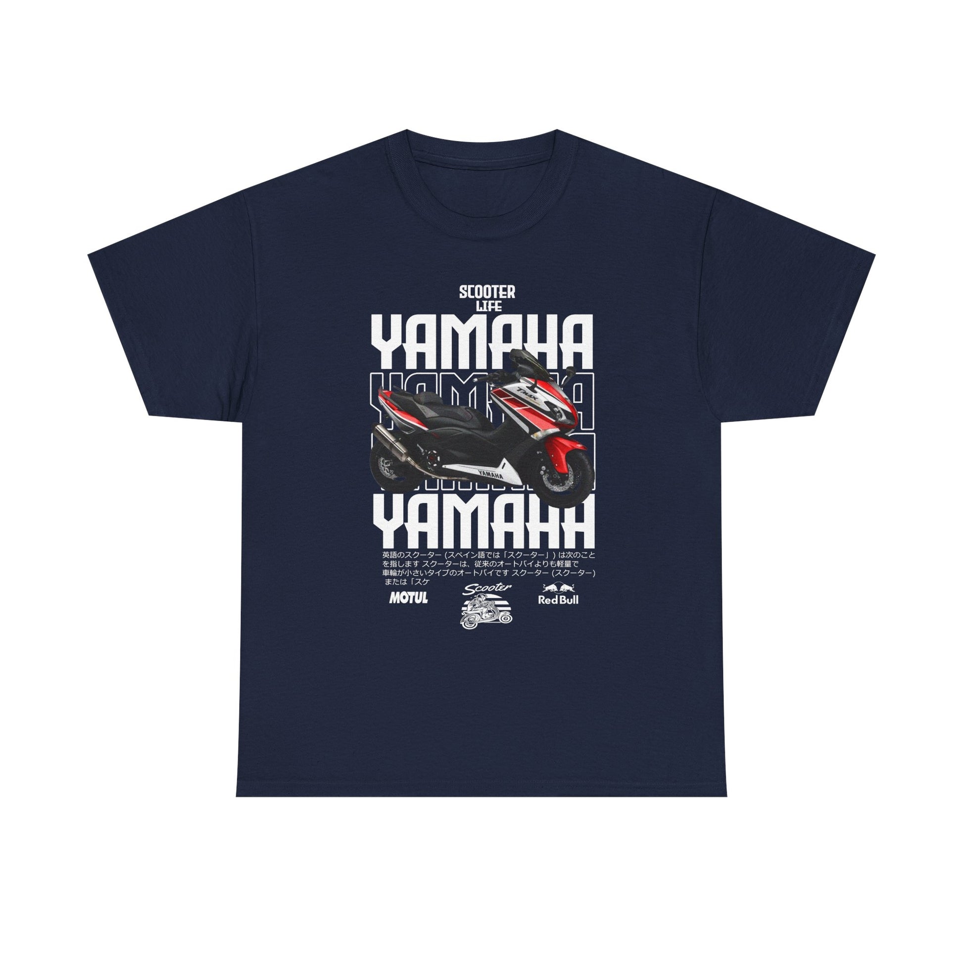 Sophisticated YAMAHA Scooter Life Men's T-Shirt in navy blue with dynamic graphics and a classic scooter design, embodying the spirit of adventure.