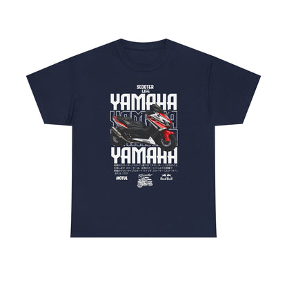Sophisticated YAMAHA Scooter Life Men's T-Shirt in navy blue with dynamic graphics and a classic scooter design, embodying the spirit of adventure.
