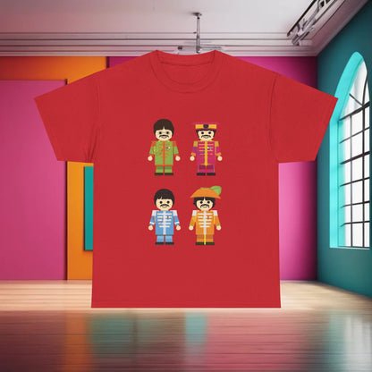 The Toy Beatles Graphic T-Shirt in red featuring whimsical cartoon designs of The Beatles dressed in striking attire, a sophisticated tribute to their legendary legacy.