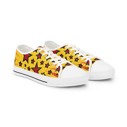 Vibrant Red Pop-Art Low Top Sneakers featuring bold yellow star patterns, designed for stylish men. Perfect for those seeking comfort and standout fashion.