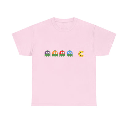 Teenage Mutant Ninja Turtles Pizza Pacman Graphic Unisex Tee Shirt in pink, elegantly featuring pixelated ghost figures and a pizza symbol, perfect for expressing playful nostalgia and artistic flair.