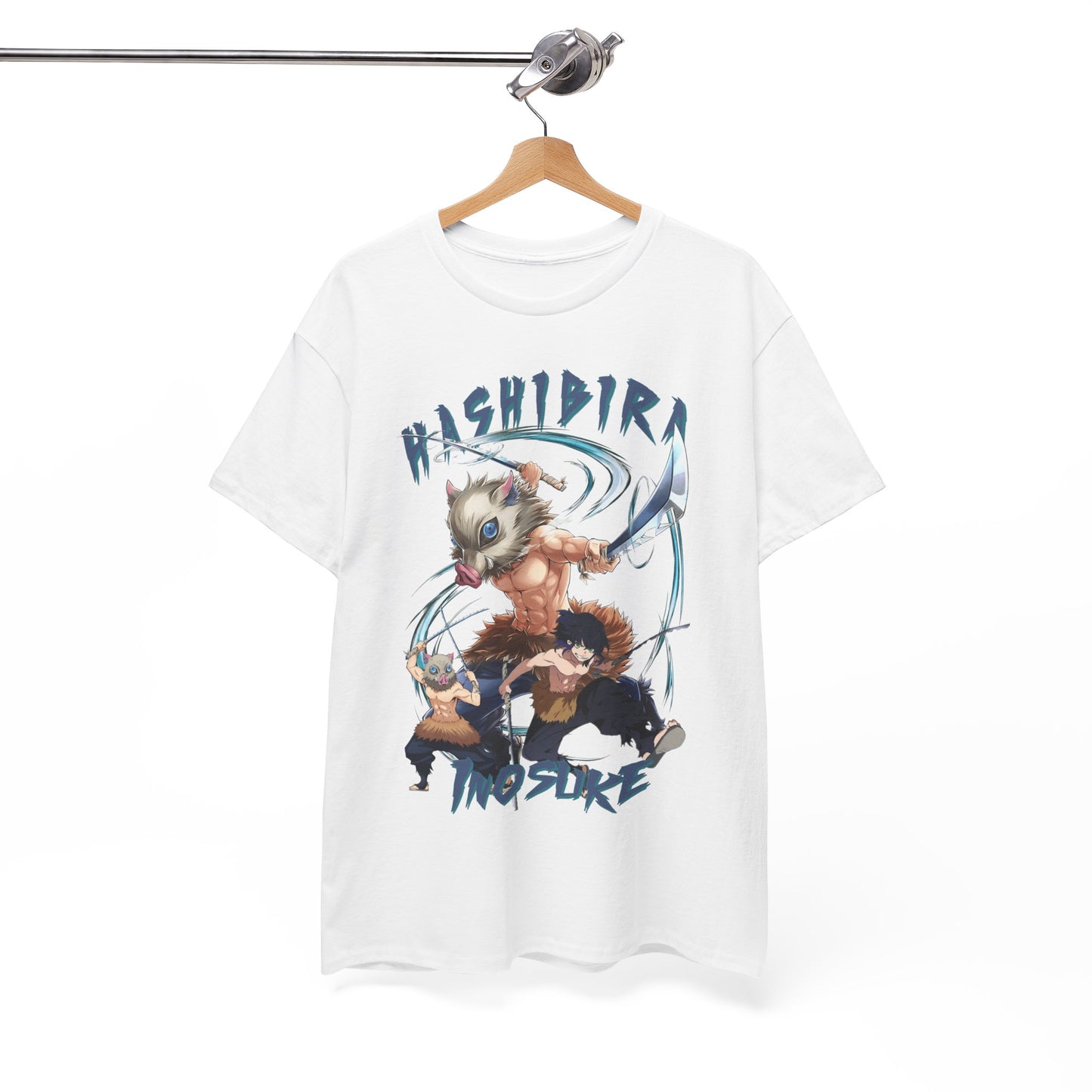 Stylish Hashibira Inosuke anime graphic tee displayed on a wooden hanger, highlighting its vibrant design and luxurious appeal.