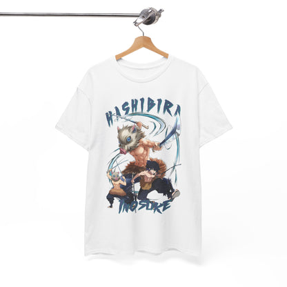 Stylish Hashibira Inosuke anime graphic tee displayed on a wooden hanger, highlighting its vibrant design and luxurious appeal.