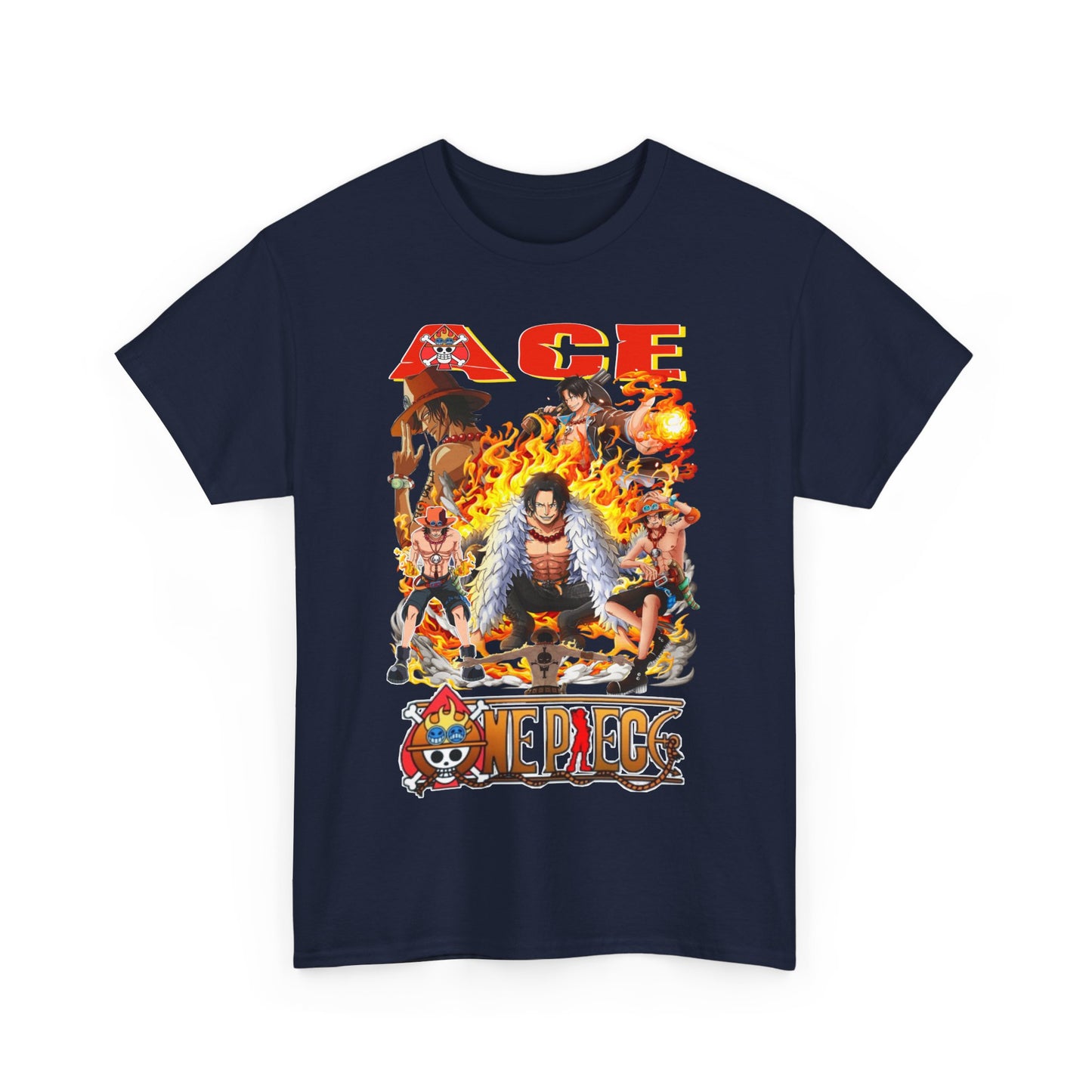 Men's trendy navy graphic t-shirt featuring a vibrant illustration of Ace from One Piece, surrounded by flames and iconic characters, perfect for anime fans.
