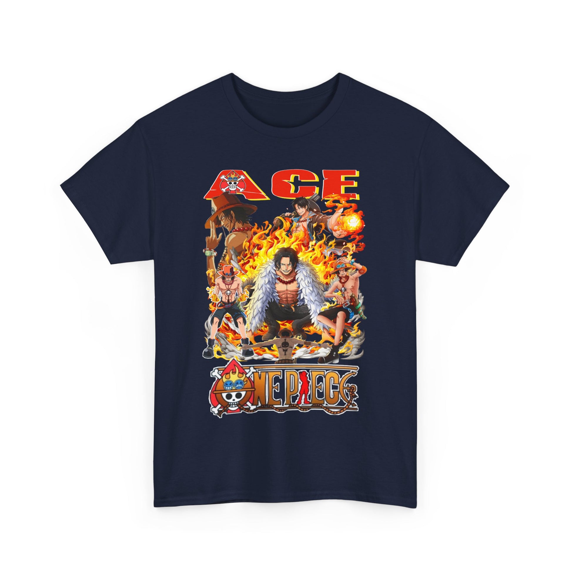 Men's trendy navy graphic t-shirt featuring a vibrant illustration of Ace from One Piece, surrounded by flames and iconic characters, perfect for anime fans.